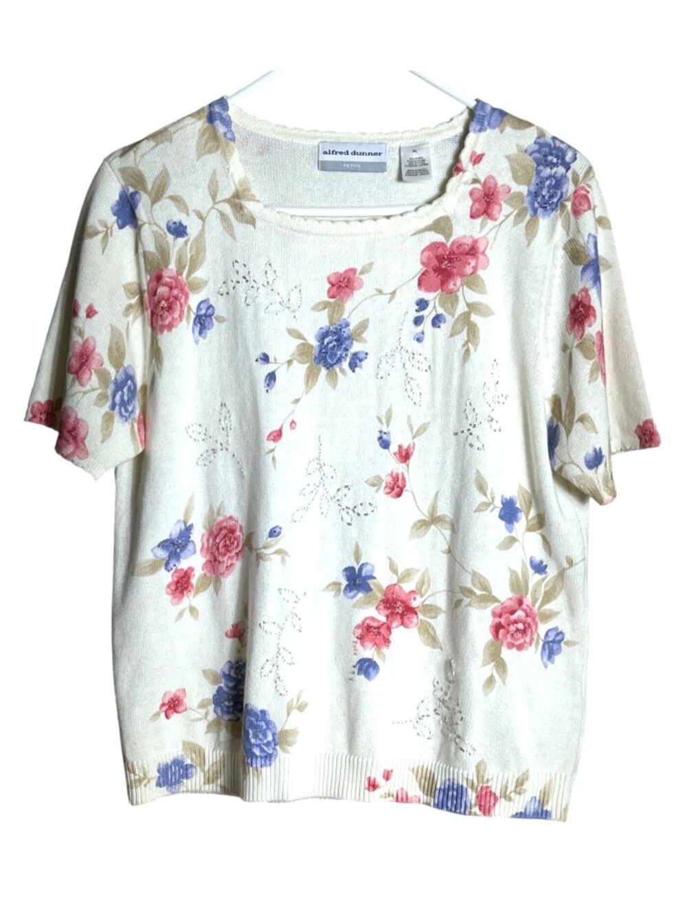 Vtg Alfred Dunner Ivory Floral Sweater Cottagecore Embroidered Beads Cotton Wm L